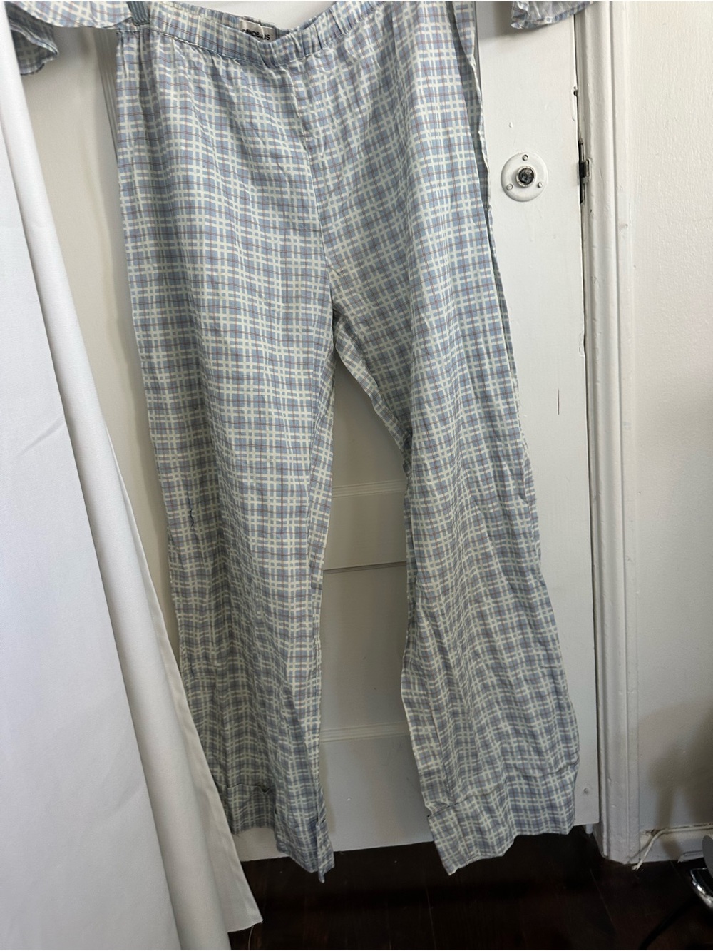 Two-Piece Plaid Lounge Set in Light Gray and White - Picture 3 of 6